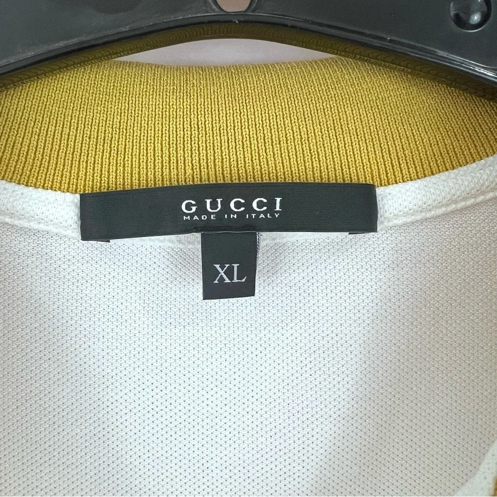 Gucci Cotton Piquet Striped Collar Short Sleeve Embroidered White Polo Shirt